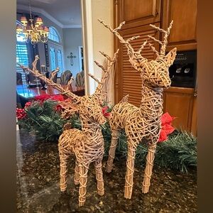 Vintage Crate & Barrel Woven Rattan Reindeer Figurines - Set of 2